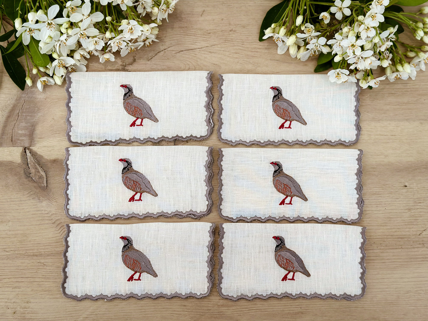 Petit Menage, Linen Partridge Cocktail Napkins, Set of Six