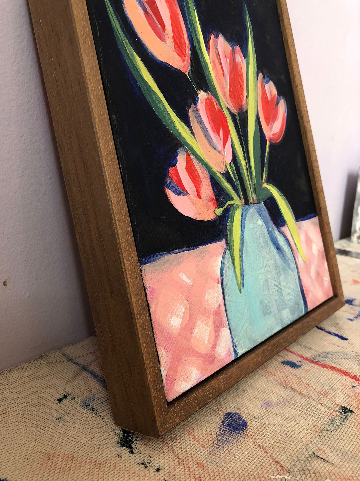 Sian Beck, 'Red tulips in vase on gingham' 2025