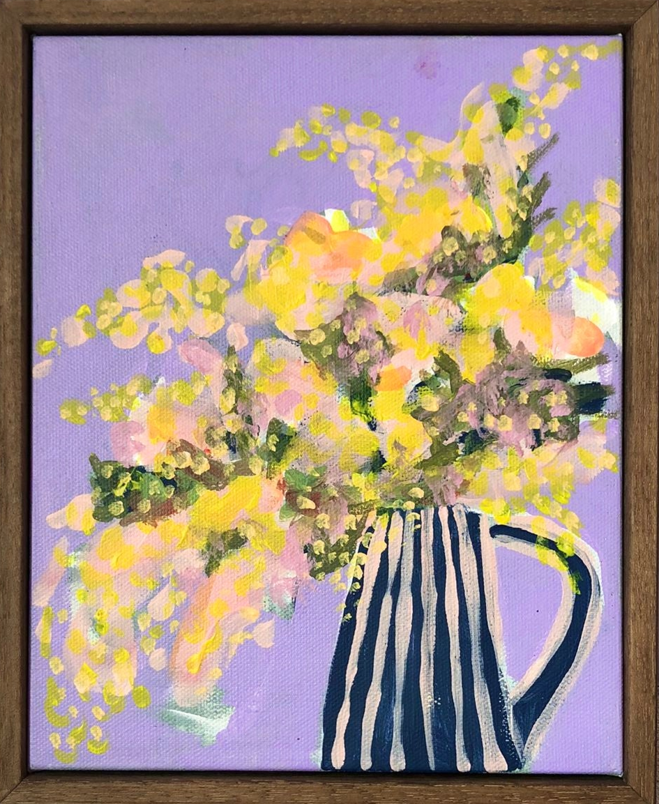 Sian Beck, 'Mimosa in jug on lilac' 2025
