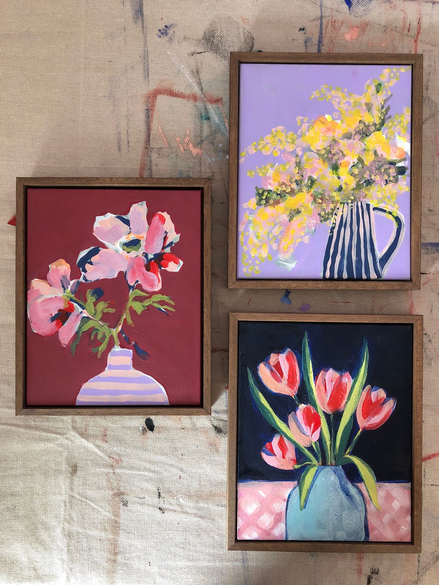 Sian Beck, 'Red tulips in vase on gingham' 2025