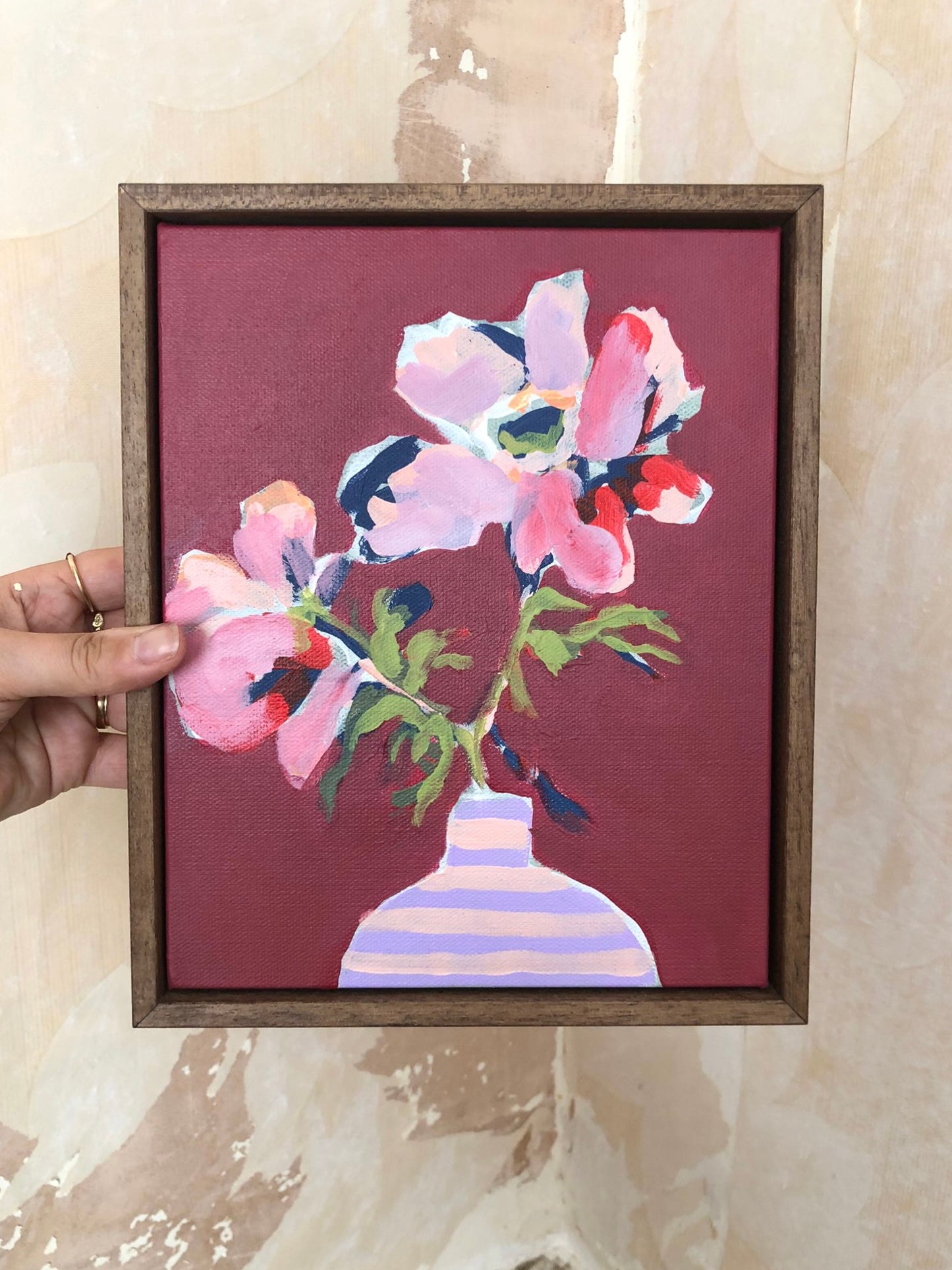 Sian Beck, 'Red tulips in vase on gingham' 2025